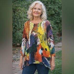 JESS & JANE WOMENS TOP Large 3/4 SLEEVES MULTI COLOR ABSTRACT USA Made Lagenlook